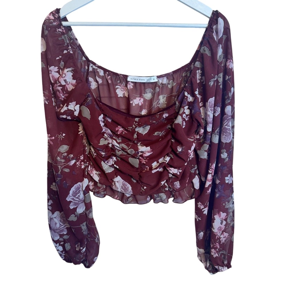 Altar'd State Blouse Ruched Floral M Burgundy Womens Cropped Boho Square Neck